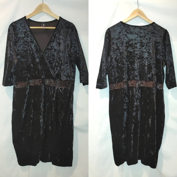 Libian Black Velvet Faux Wrap Dress Elbow Sleeve Tulip Knee Length‎ Hem Boutique - Picture 1 of 11